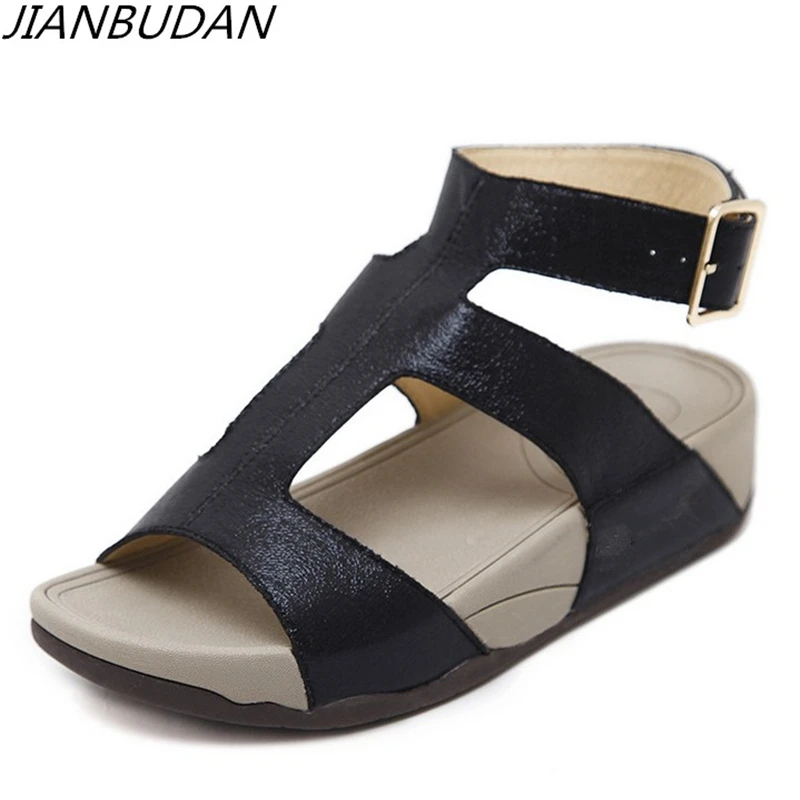 

JIANBUDAN High-quality pu leather non-slip casual beach shoes womens fashion wedge sandals Lightweight Soft bottom sandals 35-41