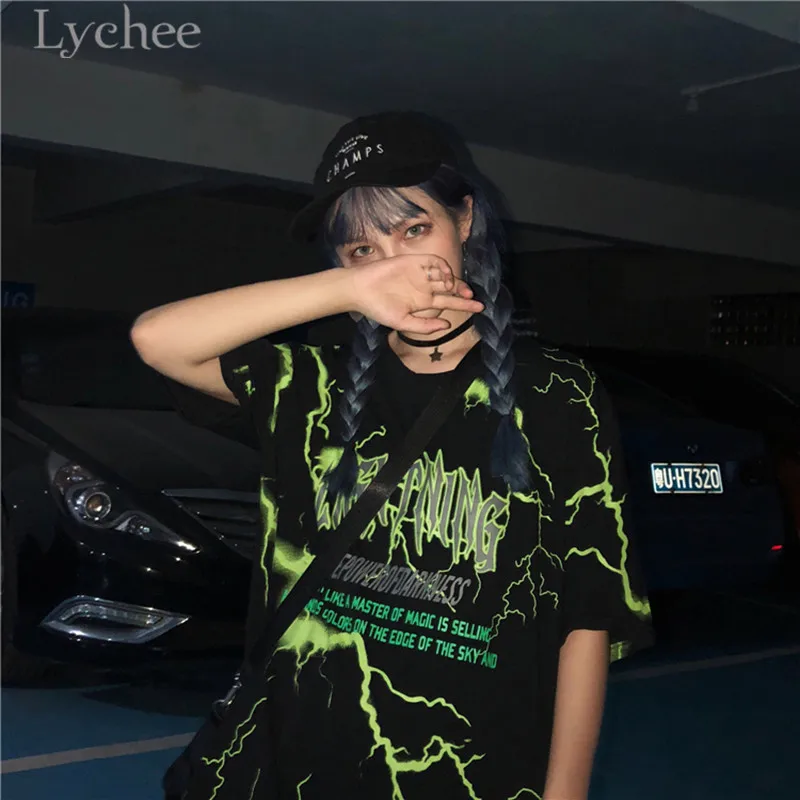 Lychee Harajuku, женская футболка с принтом молнии и буквами, Повседневная Свободная футболка с круглым вырезом и коротким рукавом, женская футболка