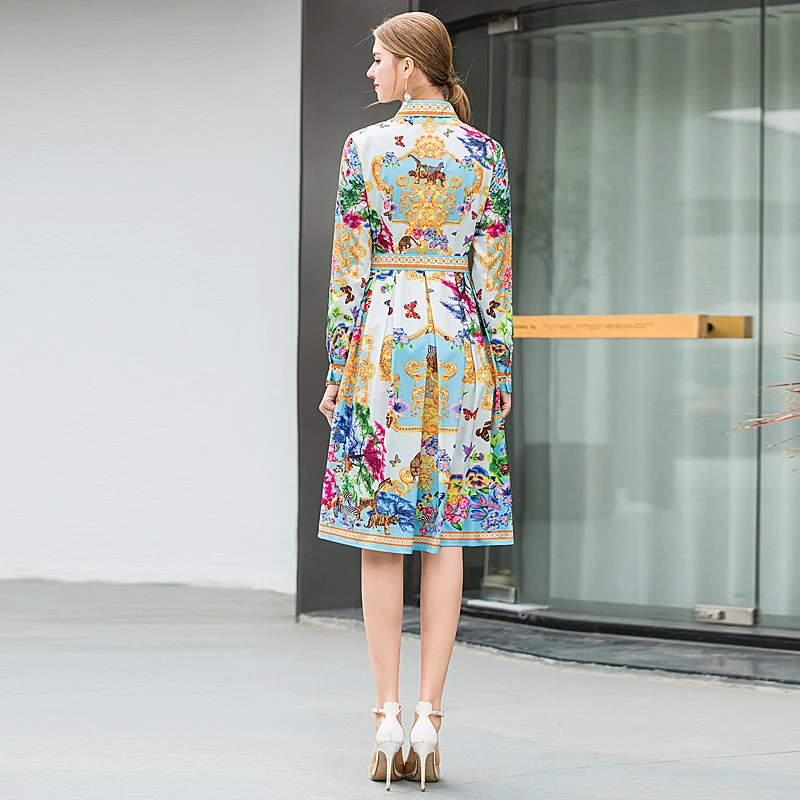 

XF 1221-1 D Spring And Summer Fashion Runway Bohemian Dress Dress Lapel Long Sleeve Elegant Flower Print Slim Fit Pleated Dress