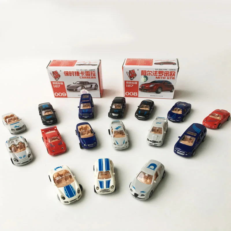 

16PCS 4D 1:87 Plastic Assemble Car Mini Modern Cars Collection Puzzle Assembly Sand Table Toys For Children