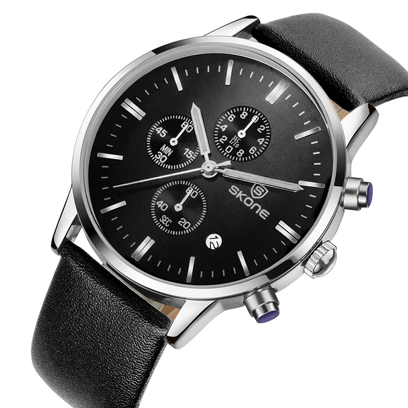 

SKONE Mens Watches Top Brand Luxury Quartz Analog Clock Leather Strap 3 Sub-dial 6 Hands Decoration Calendar Fashion Casual 2019
