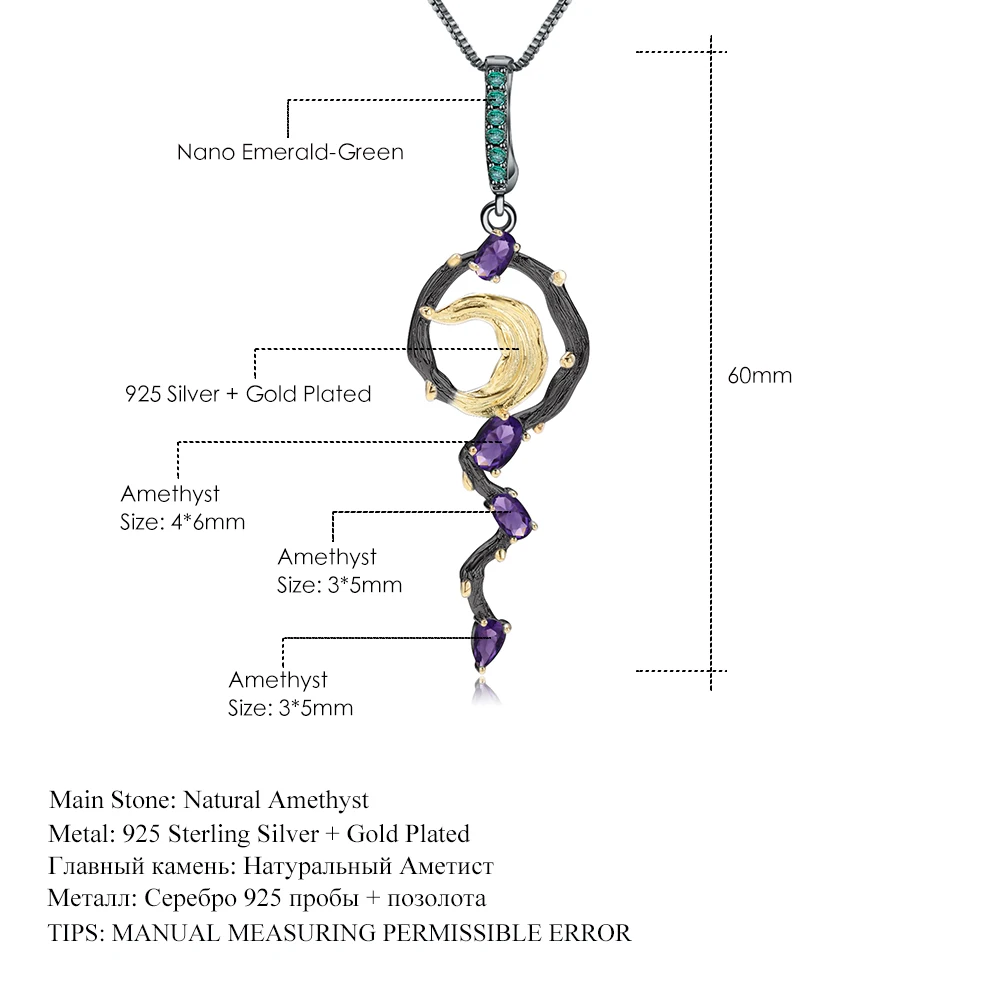 GEM'S балет 1.18Ct натуральный аметистовый драгоченный камень ювелирные украшения 925 пробы серебро ручной работы луна кулон ожерелье для женщин Bijoux