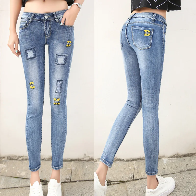 

Spring and Autumn models worn in the waist nine points jeans female feet pants Korean Slim thin elastic pencil pants