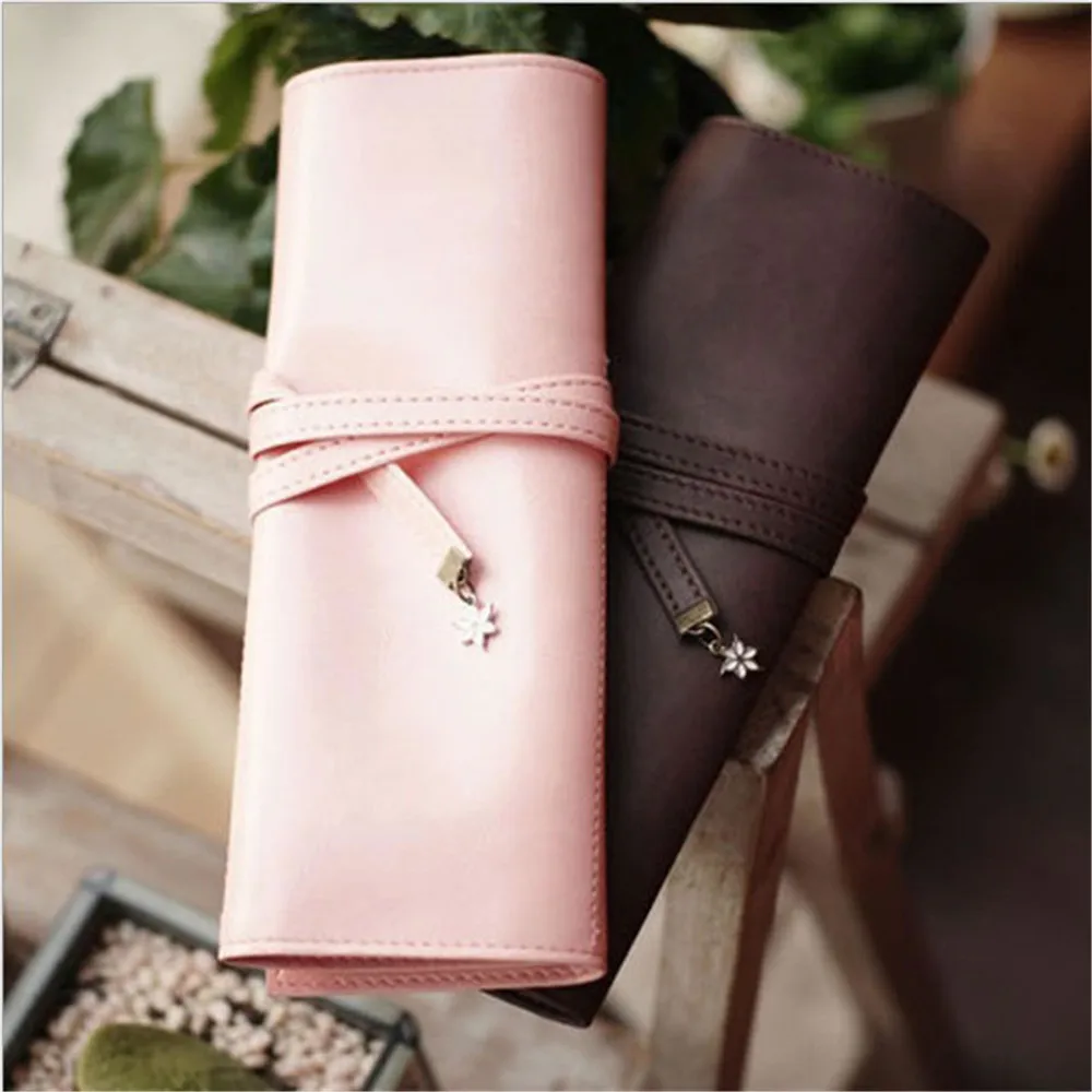 

Fashion Leather Roll Up Pencil Bag Cosmetics Pouch Pocket Brushes Holder Stationery Organizer Makeup Bag Pen Box School Supplies