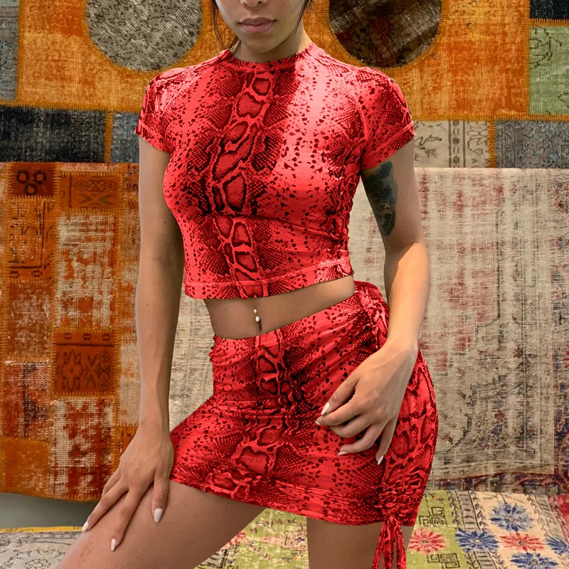 

2019 Snake Skin T-shirt Skirt Women Set Short Sleeve Crop Top And Drawstring Bust Skirt 2 Piece Set Fashion Printed Summer Set