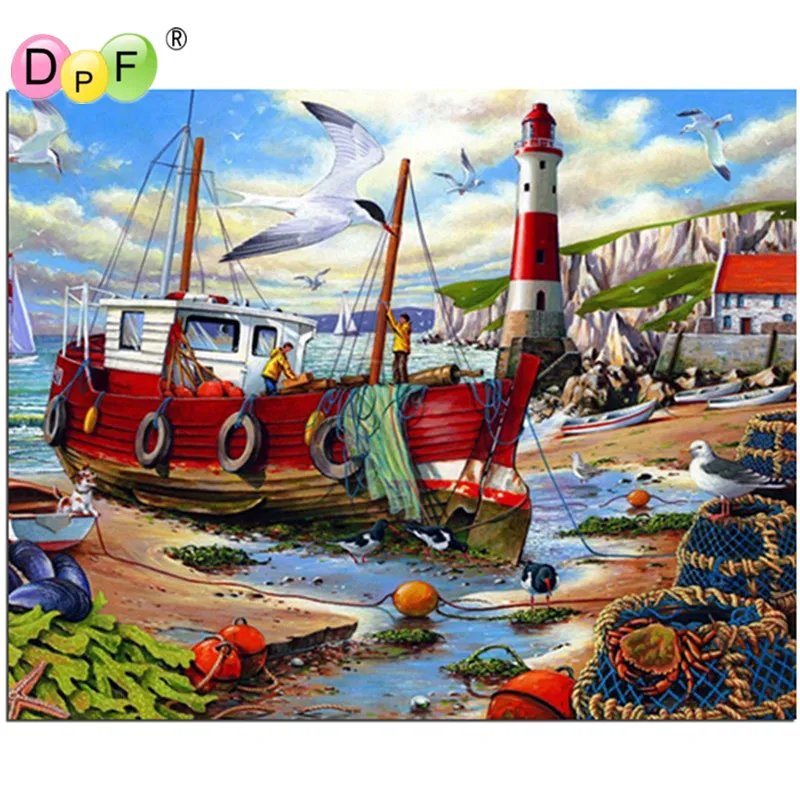 DIY Diamond Painting Full Drill Mosaic Sticker Decor Cross Stitch 5D Embroidery decoration gift Fishing boats | Дом и сад
