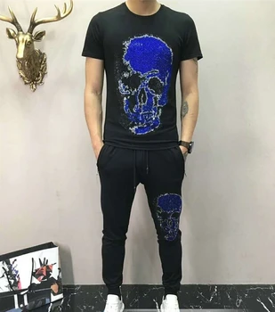 

Sport TrackSuit Slim Fit cotton Men's short Sleeve Skull Suit Hip Hop Male