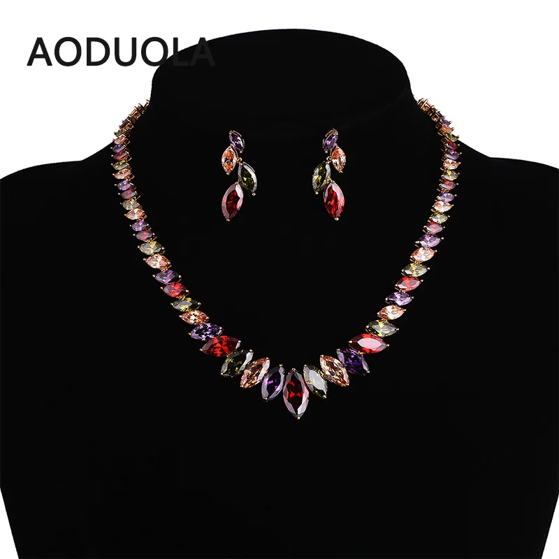 Gold Color CZ Necklace And Earring Set Wedding Bridal Dress Accessories