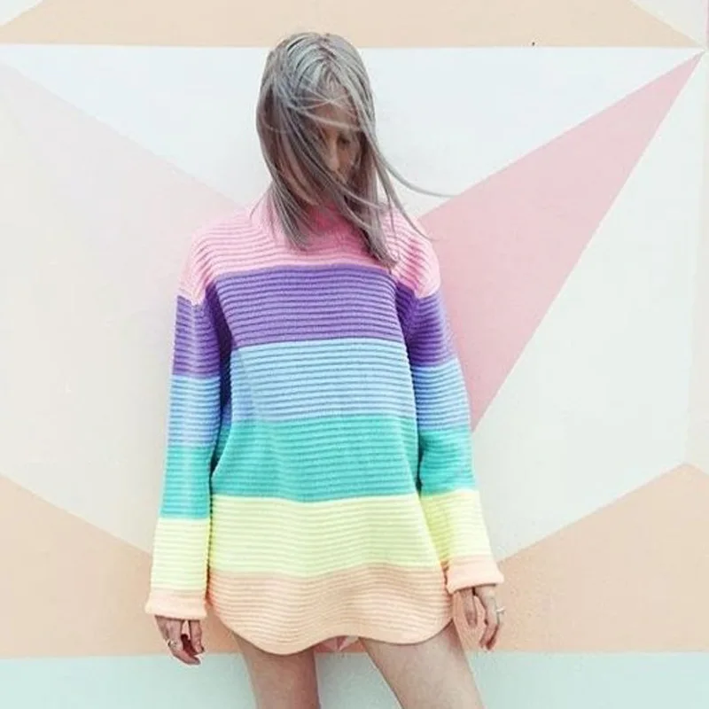 

2018 Autumn Winter Women O-neck Knitted Sweaters Candy Color Ice Cream Rainbow Long Sleeve Pullover Casual Pullovers Oversized