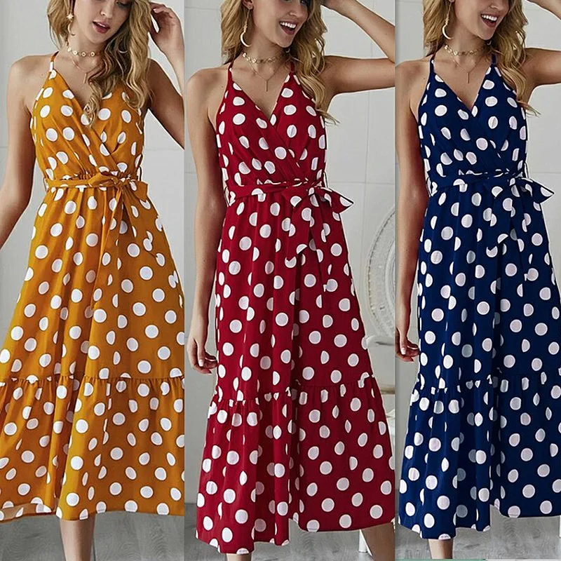 

Spring and summer 2019 new style, fashionable Bohemian style, temperament commute wave point halter dress beach resort style