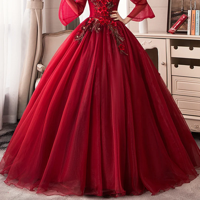 Бордовое бальное платье 2020 платья с аппликацией для Quinceanera длинным рукавом 15