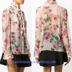 Романтический Сад коллекция Женская блузка шелк 100% женская блузка Роза футболки с принтом mujer супер милые оборки летний топ