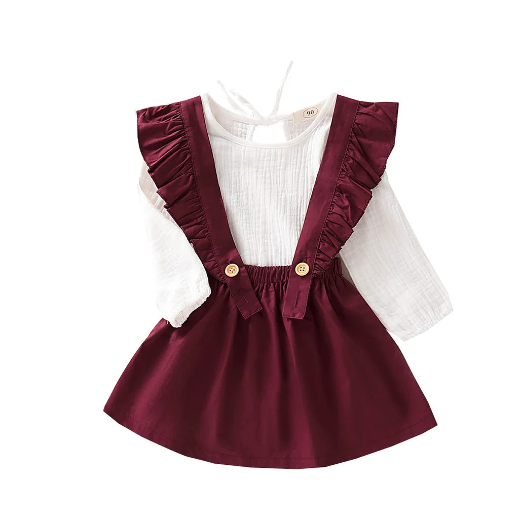 Autumn New Fashion Toddler Baby Girls Long Sleeve Solid Ruched T-Shirt Tops+Overalls Skirts Outfits Sets roupa infantil Z4