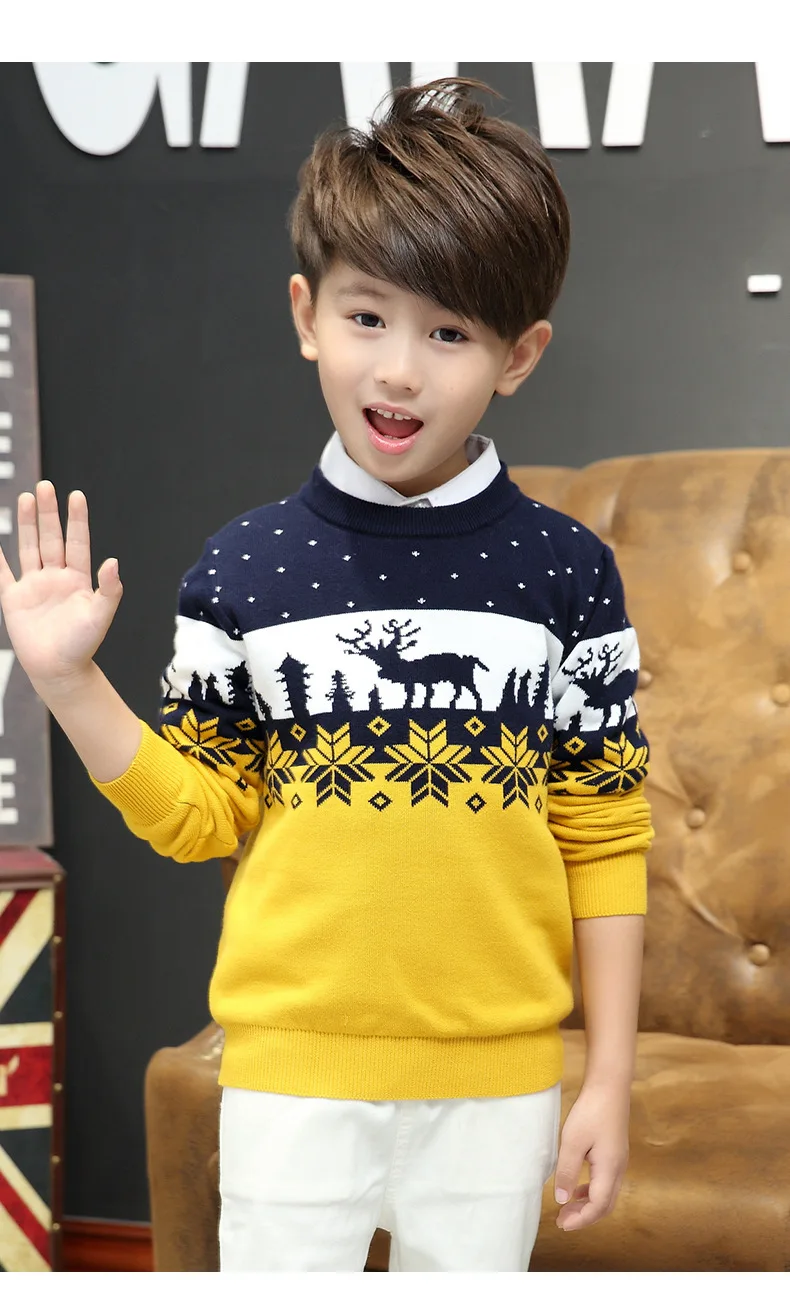 Famli/Рождественский свитер для детей, осенне-зимний вязаный пуловер для мальчиков-подростков Детский свитер в рубчик повседневный топ с длинными рукавами и принтом