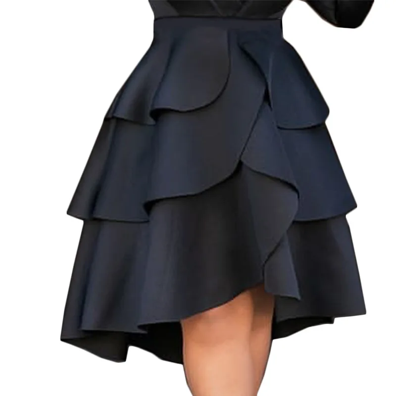 

Lolita Party Skirt Korean Fashion Black Midi Skirts Casual Asymmetrical High Waist Women Cake Layer Ruffle Skirts