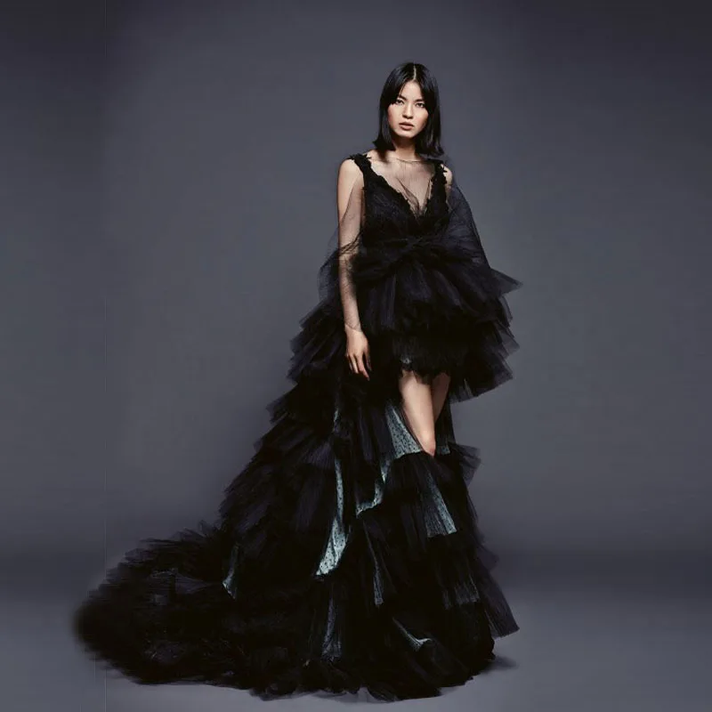 

2018 Hippie Style Black Prom Gowns High Low Cascading Ruffled Cocktail Gowns Asymmetrical V Neck Chic Party Dresses Sweep Train