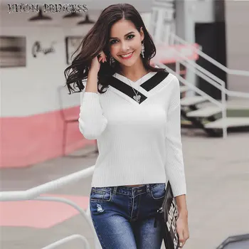 

HITOM PRINCESS Autumn Winter Women V Neck Sweaters Jumper Black White Long Sleeve Knitwear Pullovers Knitted Sweater Pull Femme