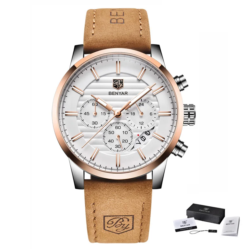 BENYAR montre hommes Топ люкс Марка Кварц Спорт montres hommes режим аналог cuir mâle ETANCHE montre-браслет reloj hombre - Цвет: L brown gold White B