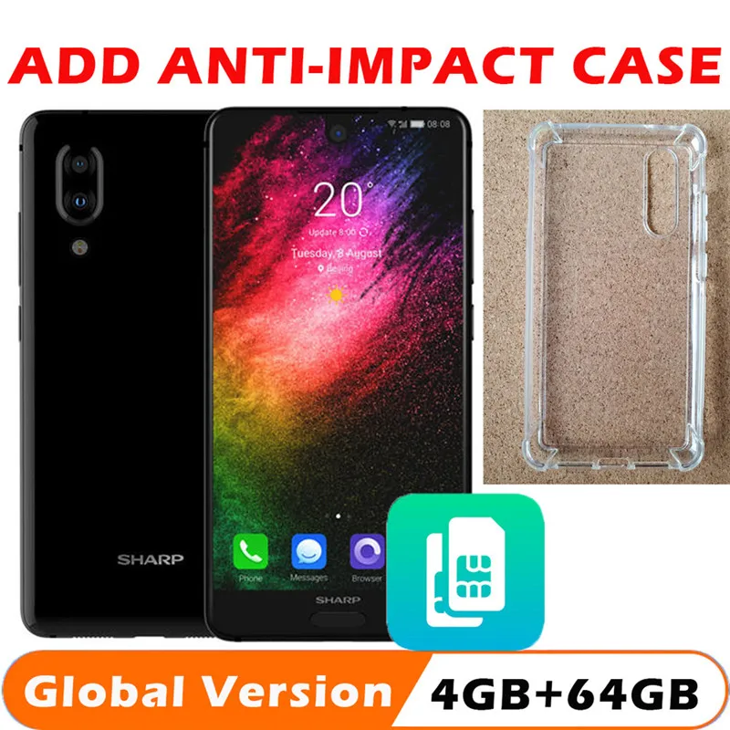 SHARP AQUOS S2 C10 мобильные телефоны Android 8,0 4GB+ 64GB 5,5 ''FHD+ Snapdragon 630 восьмиядерный NFC 12MP 2700mAh 4G смартфон - Цвет: Add Anti-impact Case