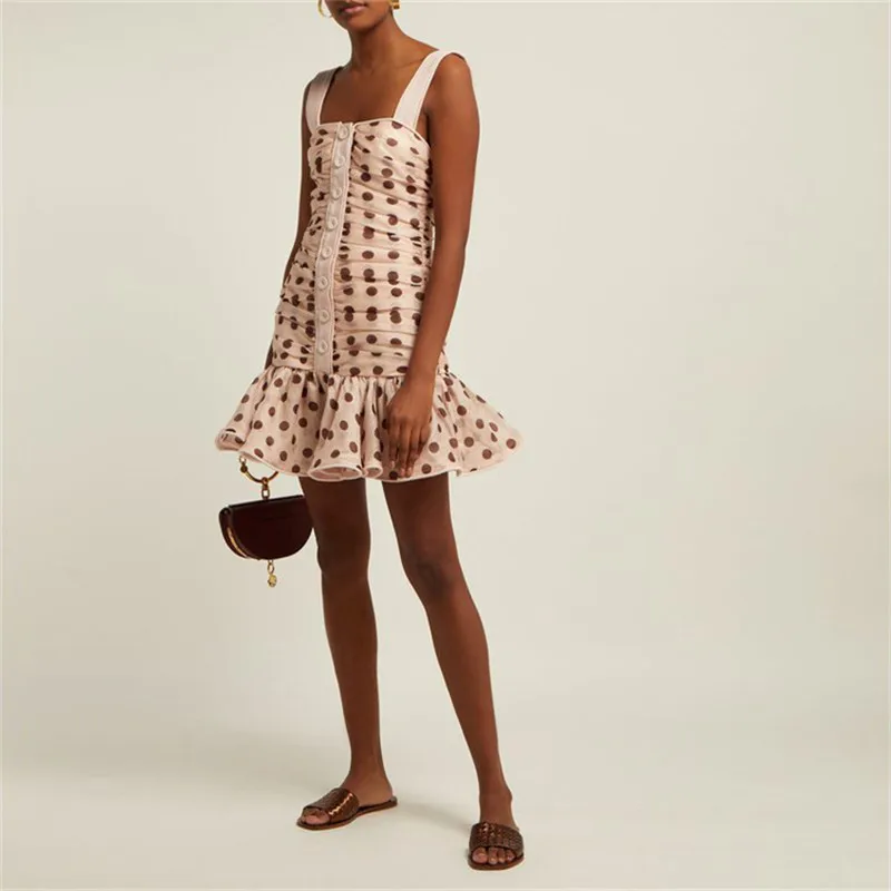 

2019 New Design Women Summer Spaghetti Strap Ruffles Pleated Dress Strapless Sleeveless Dot high Quality Mini Dress X328
