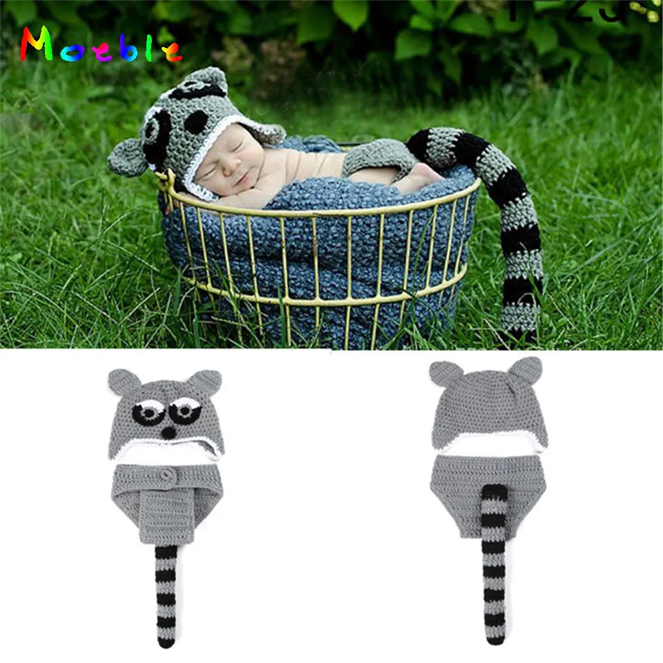 

Moeble Crochet Baby Hat Diaper Set Newborn Boys Coming Home Outfits Knitted Infant Baby Animal Christmas Raccoon Costume