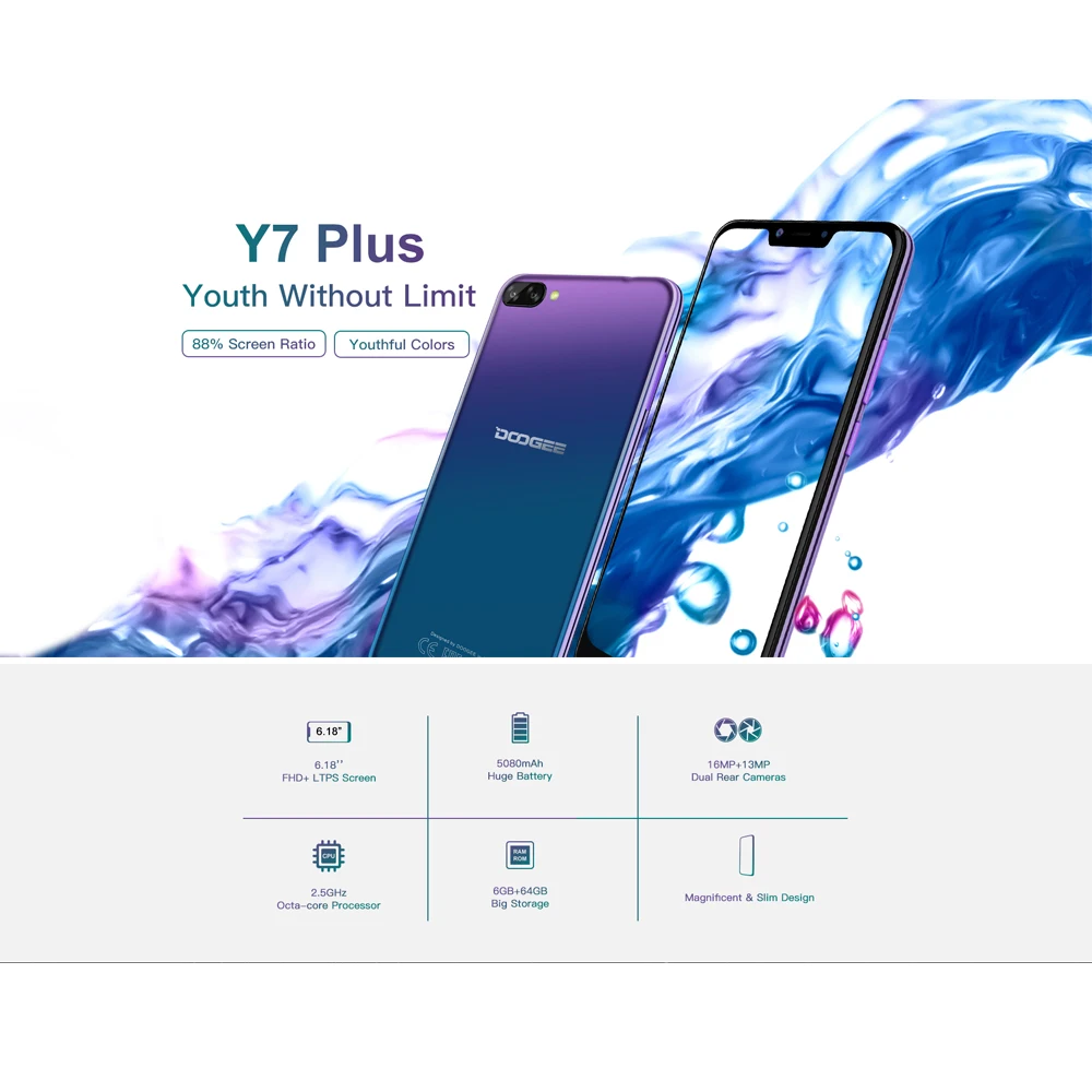 DOOGEE Y7 плюс 6 18 '񟞨*2246 смартфон ГБ 64 Android 8 1 MTK6757 Octa Core 16.0MP + 13MP отпечатков пальцев