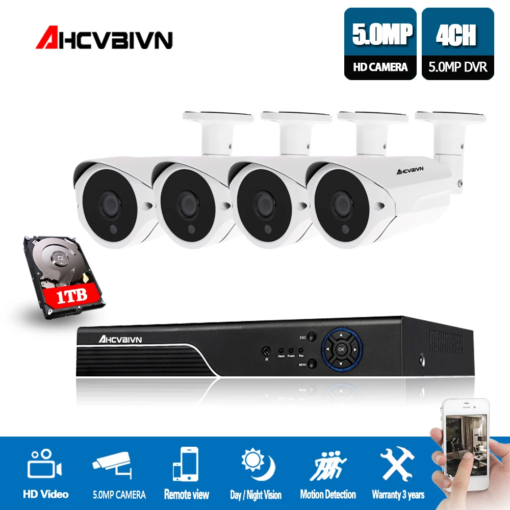 

AHCVBIVN H.265 4CH 5MP AHD DVR Kit CCTV Camera System 4PCS 5.0mp Security Camera IP67 Outdoor Video Surveillance System APP View