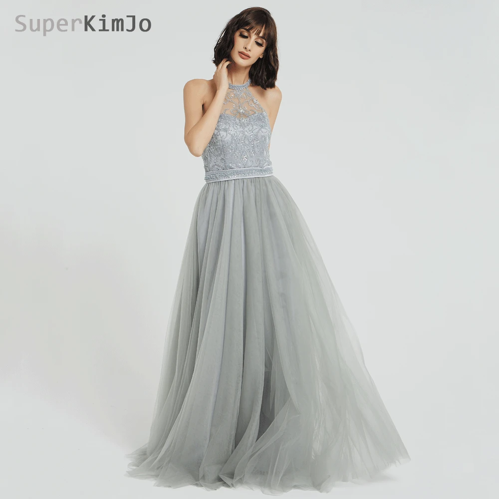 SuperKimJo Холтер бисером Выпускные платья Vestido De Formatura Longo с открытой спиной сексуальное серое платье для выпускного вечера элегантное платье