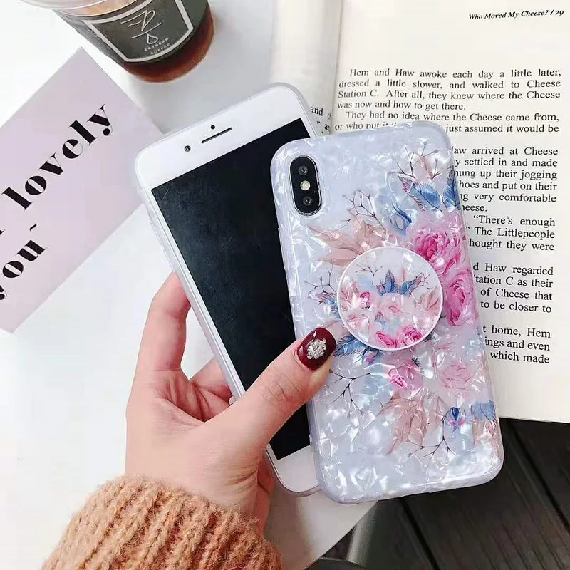 Fashion  Conch Shell Phone Case for iphone XS Max XR X 6 6S 7 8 Plus Back Cover Expanding Stand Holder Bracket Flower Case Coque (13)