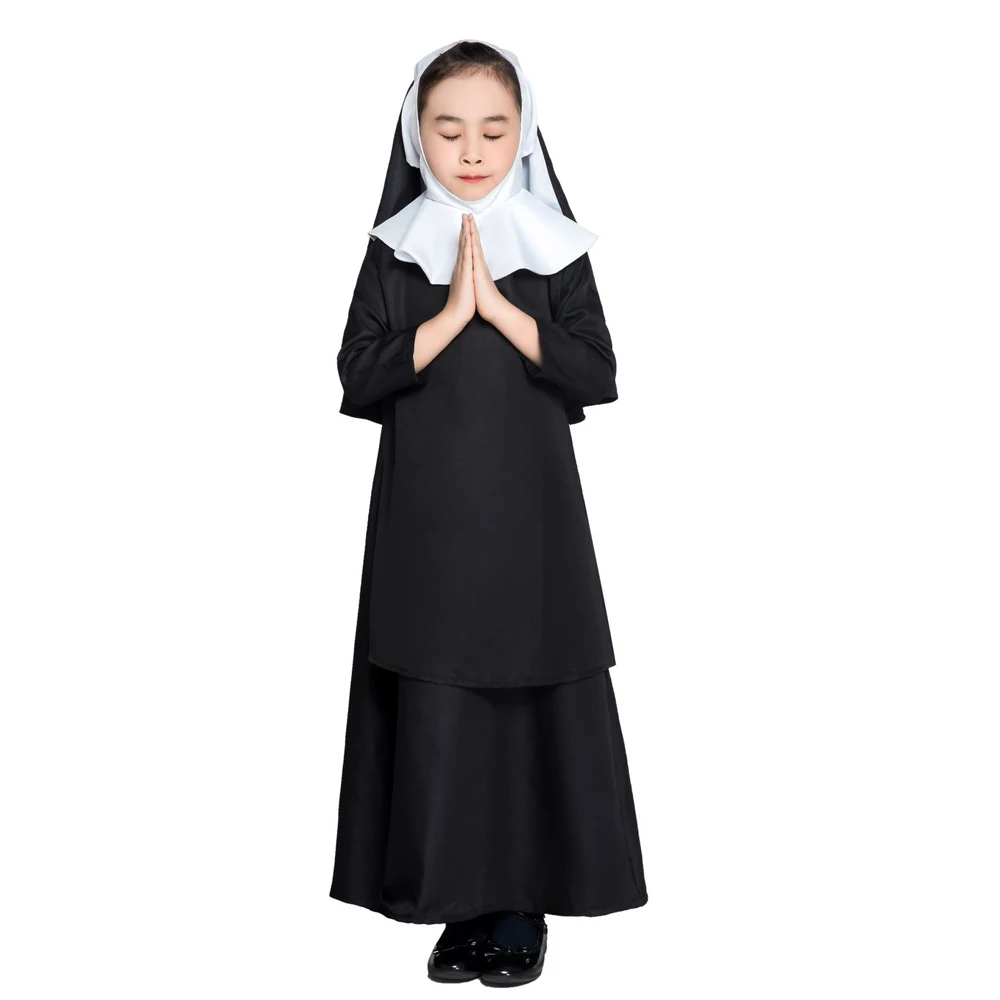 

Kid Girls Halloween Nun Costume Black Hooded Shawl Gown Dress Set Fancy Catholic Cloak Cape Uniform For Baby Child M-XL