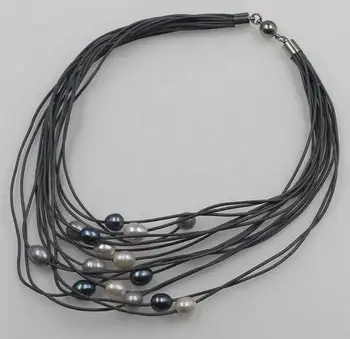 

Beautiful New 11-12mm White /Black Baroque Freshwater Pearl Multi-Strand Leather Necklace