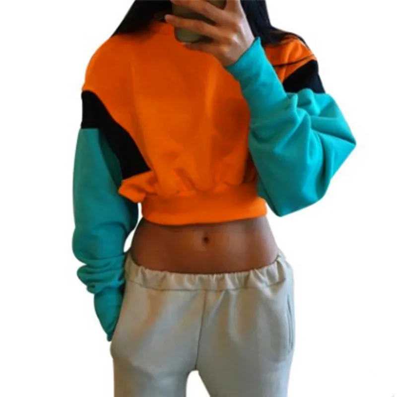 Women hoody Spring Autumn Cute Mix Orange Hoodies Long Sleeve Loose Crop Top Fashion Sweatshirt hoodie Casual Patchwork Cloth
