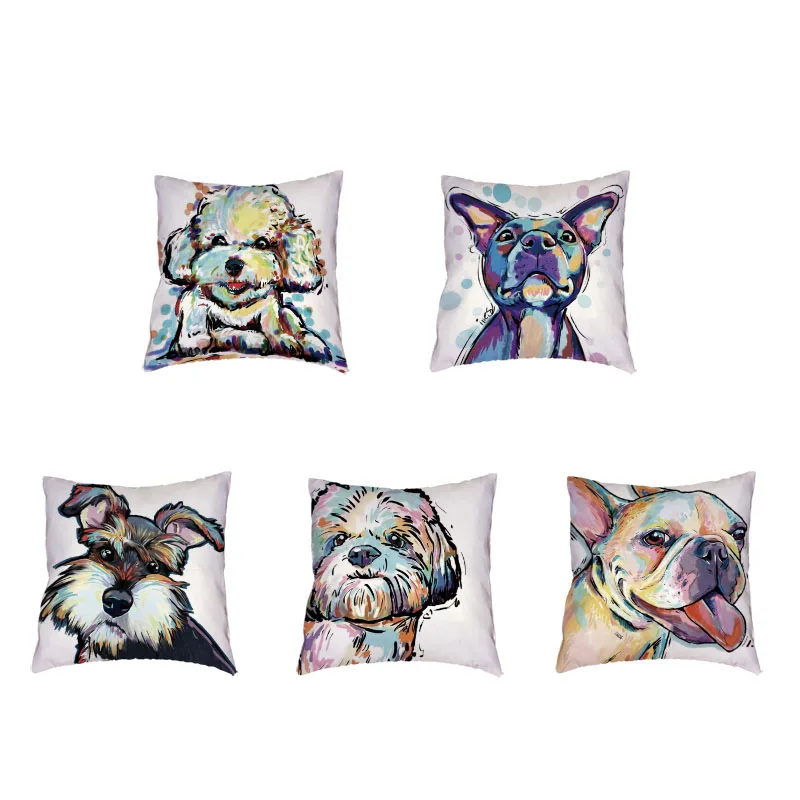 

Lovely Dogs Pattern Polyester Peach Skin White Cushion Cover Bulldog Schnauzer Pug Dog Printing Home Couch Decoration Pillowcase