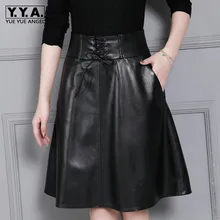 Одежда высшего качества Элегантный женский длиной до колен из натуральной кожи овчины юбка Высокая талия на шнуровке женские юбки большой Размеры 4XL юбка офисная