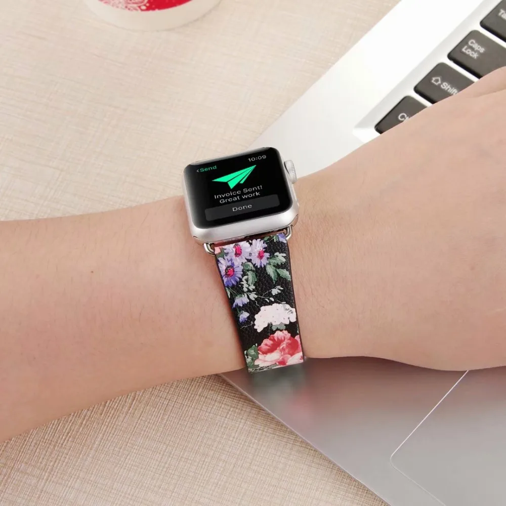 Чернильный окрашенный ремешок с цветочным принтом для apple watch band 44 мм 40 мм 42 мм 38 мм кожаный браслет для iwatch series 5 4 3 2 1