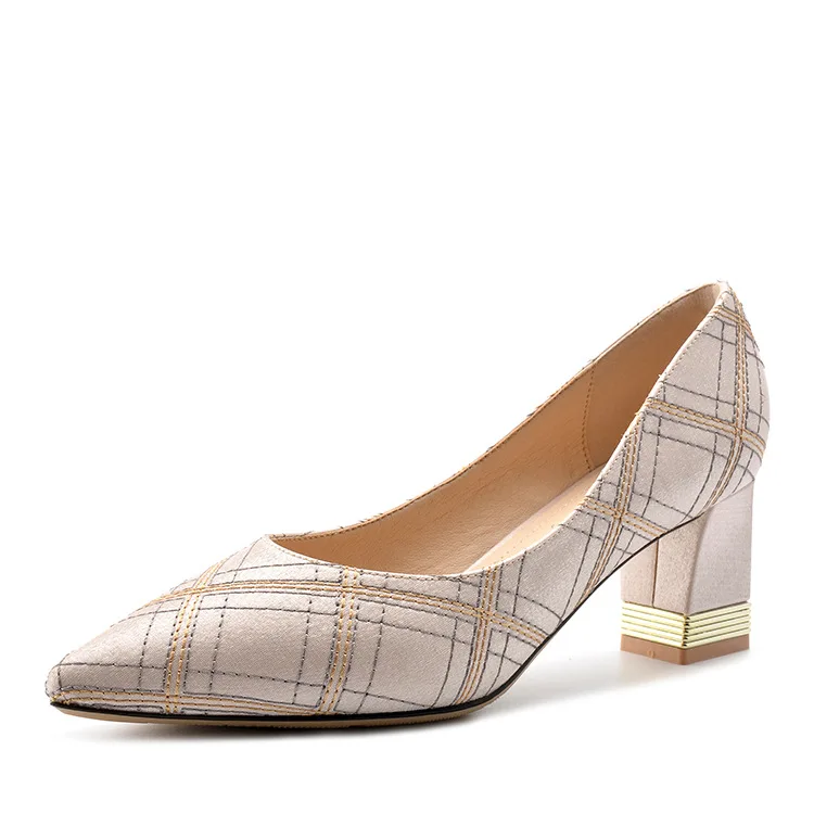 

Fashion new ladies pointed high heels plaid shallow mouth metal thick with single shoes women