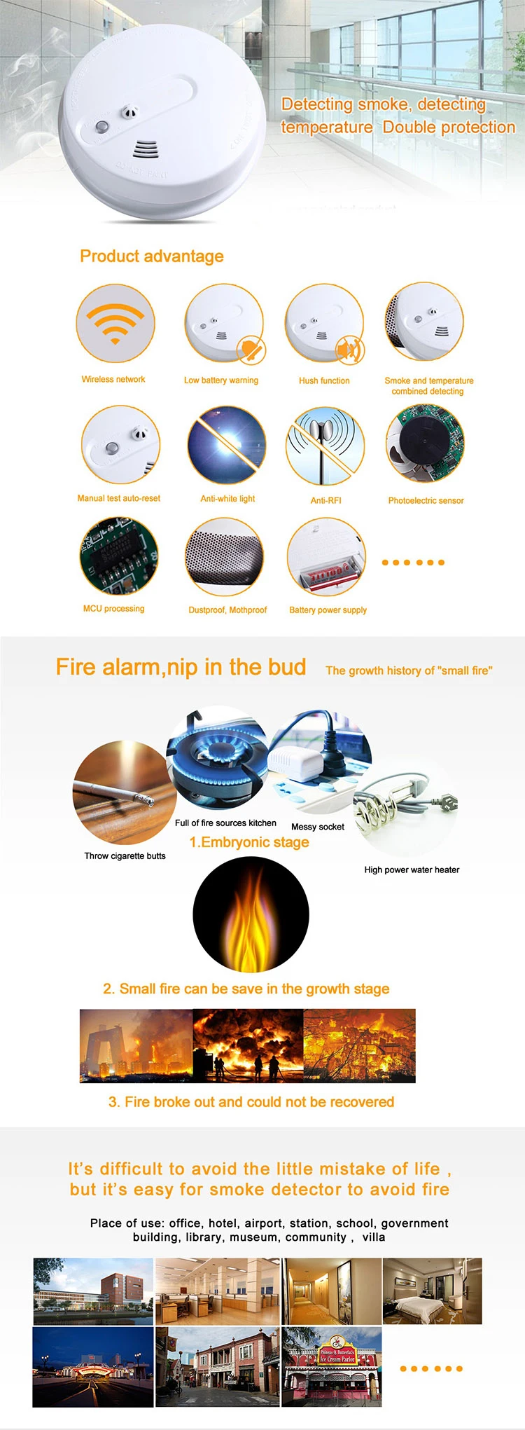 Factory Selling Security Protection Alarm System 10 Years Stand-Alone Photoelectric Smoke and Heat Detector AC620DYW(7)