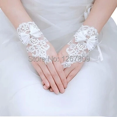 Новинка; короткие свадебные перчатки для невесты с бантом без пальцев и бриллиантами