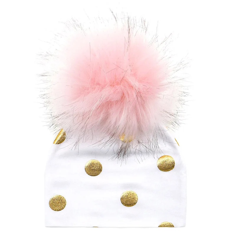 GZHilovingL Brand Newborn Kids Baby Boys Girls Warm Winter Spotted Cotton Beanie Fur Pom Pom Bobble Hat Cap Winter Warm Hat