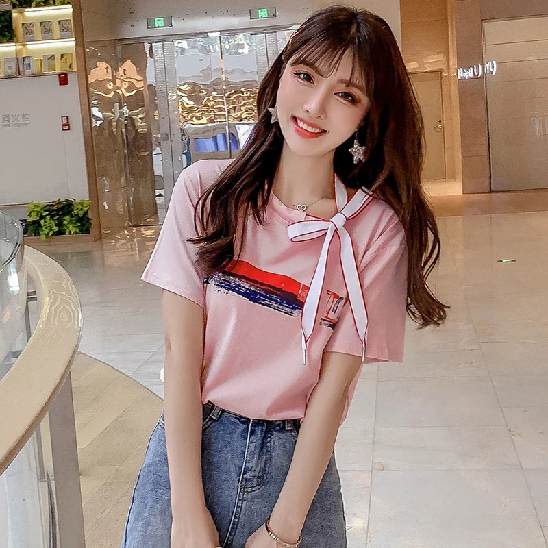 

High Quality pure cotton T-shirts Women Simple All-match bow t shirt Korean Style Sweet pink tops Leisure loose Short Sleeve tee