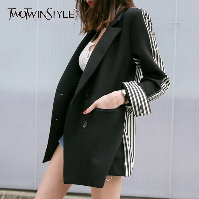 GALCAUR Striped Blazer For Female Patchwork Long Sleeve Double Breasted Women's Jacket OL Autumn Fashion Clothing Casual