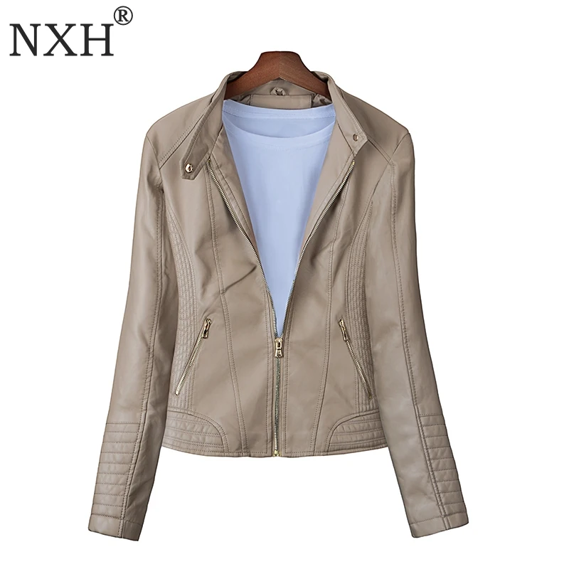 NXH 2018 реальные фото новый зима и осень Высокое качество женские PU Кожаная куртка дамы Slim с коротким основная молния верхняя одежда пальто