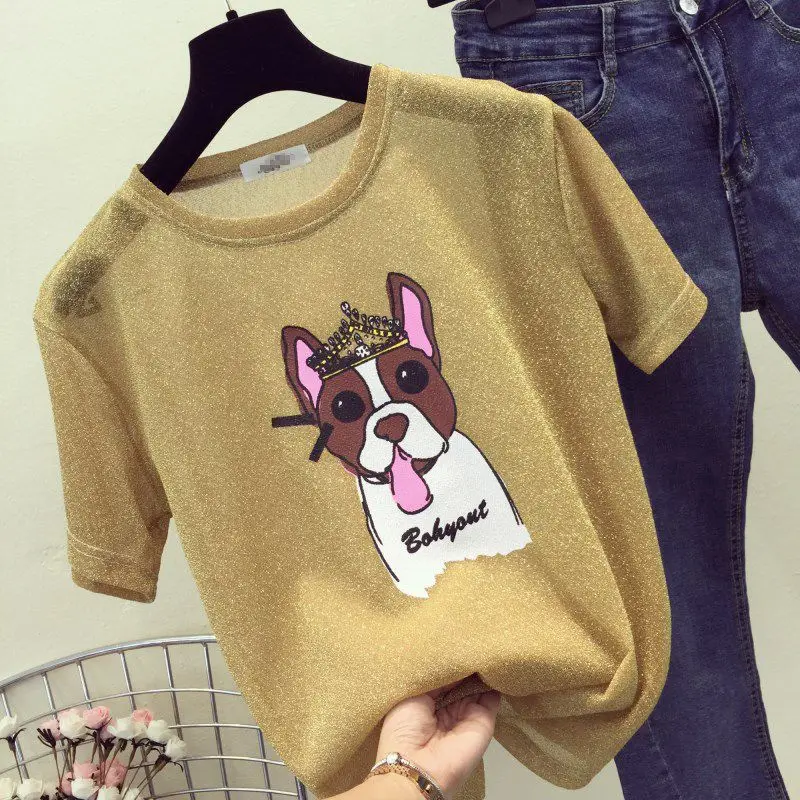 

JLONG Women Casual Round Neck Loose Tops Bright Silk Cartoon Puppy Print Girl Pullover Short-sleeved Sunscreen Woman T-shirts