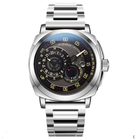 Vidro de Safira Mecânico dos Homens Luxo Parnis Mostrador Preto Calendário Miyota Relógio Masculino Relógios Marca Superior Automático 44mm