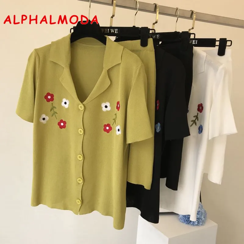 

ALPHALMODA 2019 New Embroidered Floret Jacket + Elastic Waist A-Line Short Mini Skirt Two-piece Suit OL Casual Summer Set