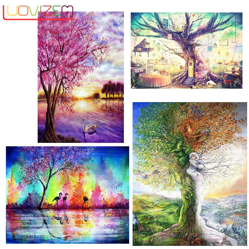 

DIY Diamond Embroidery Scenery Trees Diamond Painting Flower Mosaic Cross Stitch Needlework Patterns Round Rhinestone Home Decor