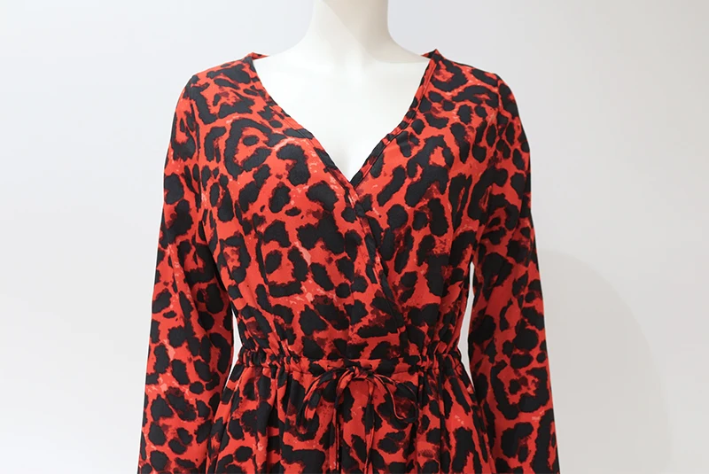 Leopard Print Mini Dress Women Sexy Deep V Neck Animal Print Dress Autumn Long Flare Sleeve Ruffles Ladies Vintage Dresses