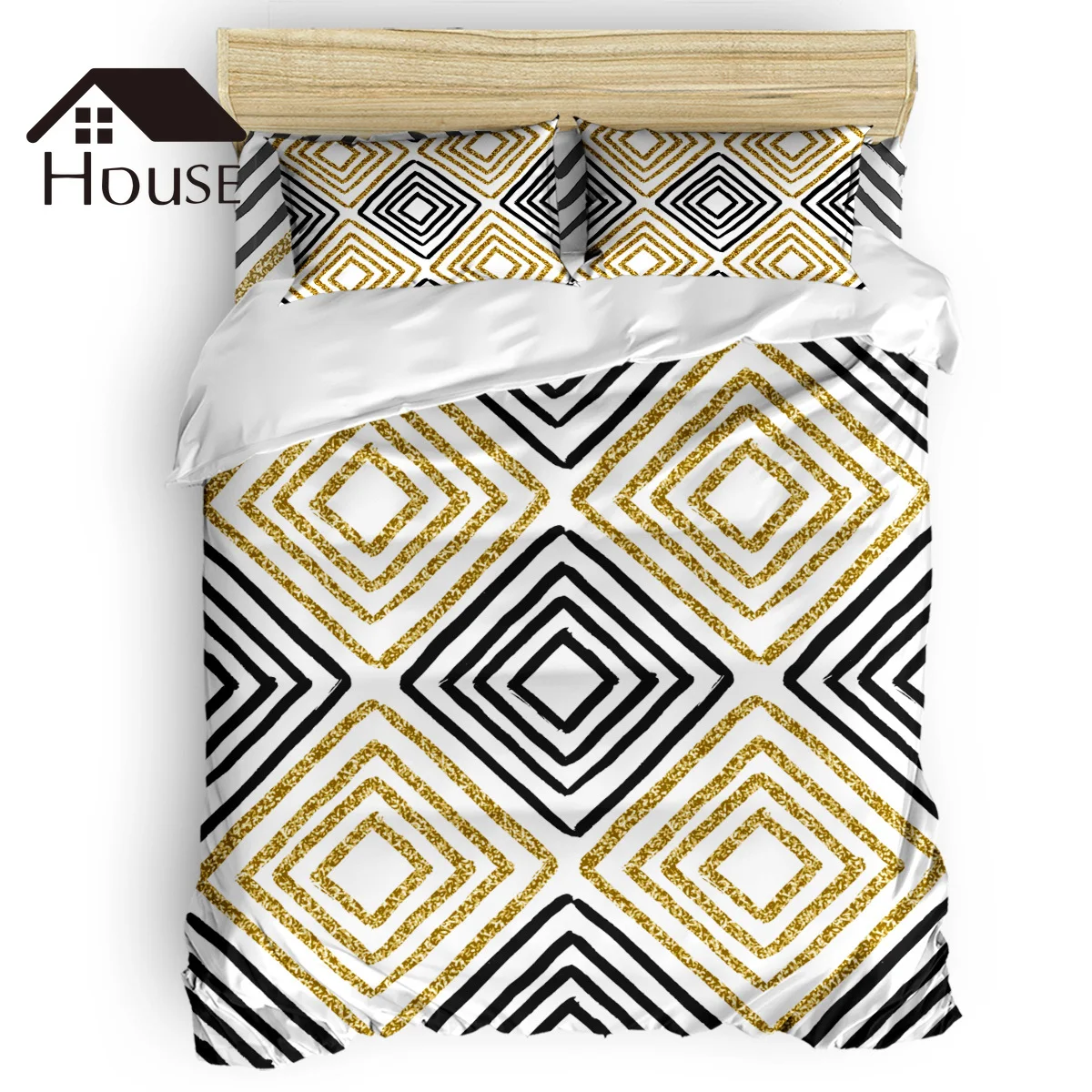

BIGHOUSES Duvet Cover Set Black Gold Diamond Abstract Geometry Duvet Cover 4 Piece Bedding Set