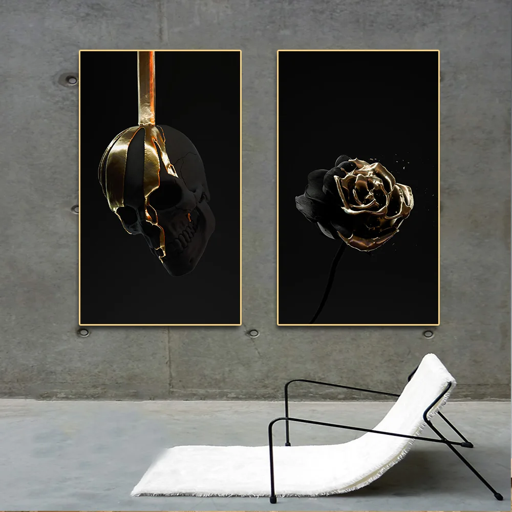 

Poster White Gold Flower Skull Wall Art Canvas Painting Posters on The Wall Decor for Home Linving Room Decoration Picture