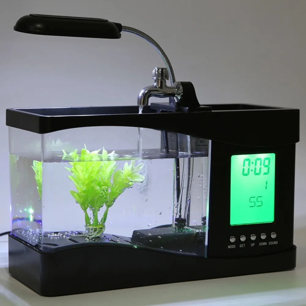 1.5L USB Desktop Mini Fish Tank Aquarium LCD Timer Alarm Clock LED Lamp Light Black recirculation Temperature Calendar